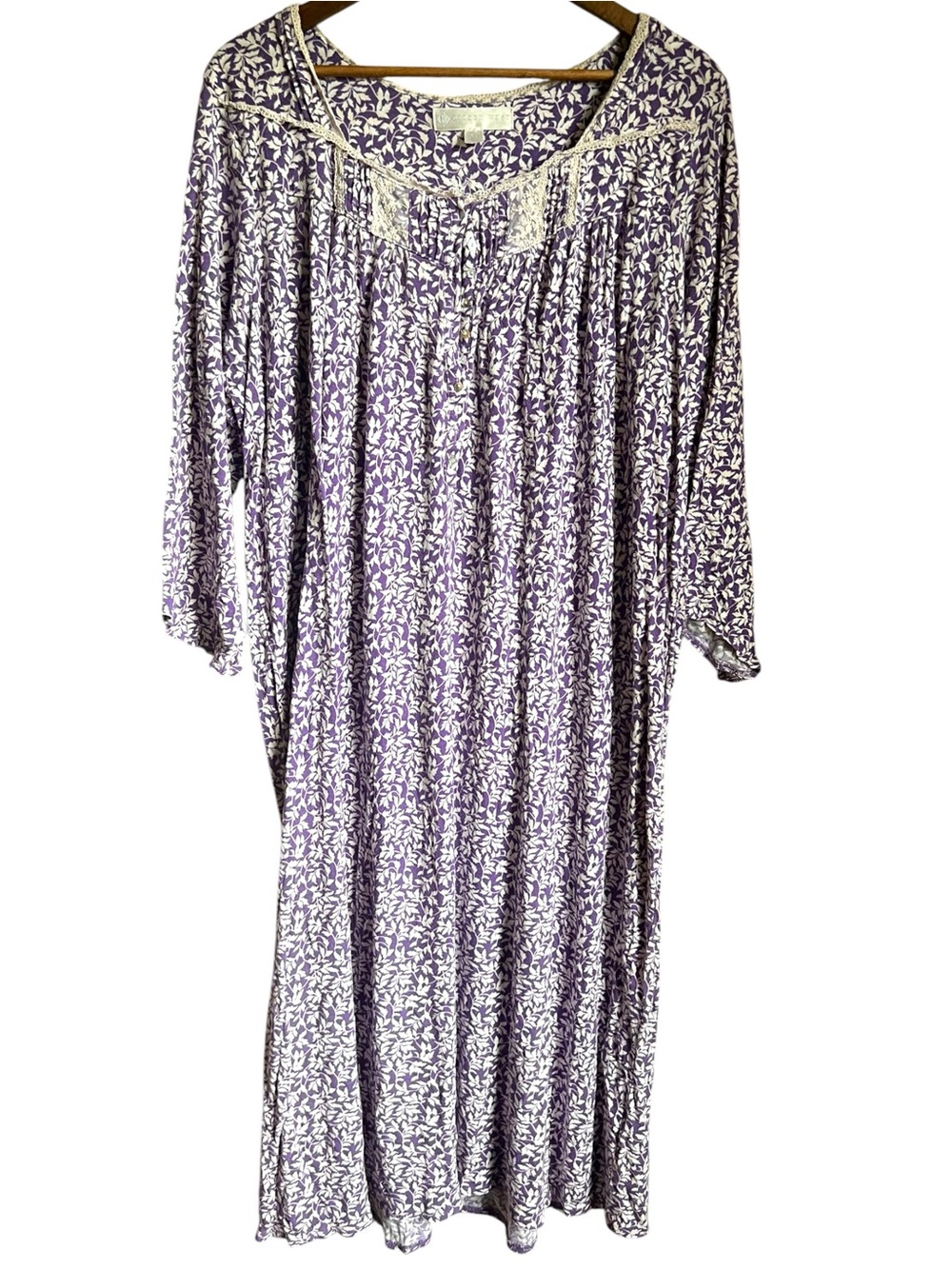 Eileen West Nightgown Sz XL Purple Floral Modal Lace Pintuck Cottage Midi Lounge